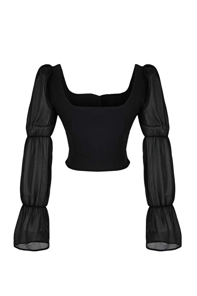 Trendyol Collection Black Square Neck Balloon Sleeve Button Detail Woven Blouse Tpraw26Bz00058