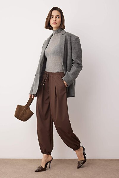 Trendyol Collection Dark Brown Shalwar Cut Elastic Waist Woven Trousers Twoaw26Pl00156