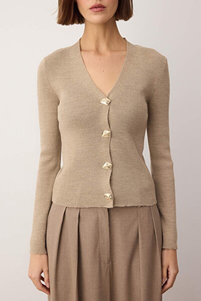 Trendyol Collection Mink Button Detailed Plain Knitwear Cardigan Twoaw26Hi00144