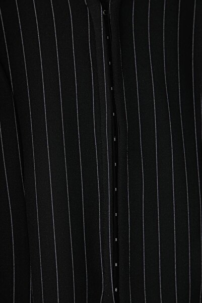 Trendyol Curve Black Polo Neck Button Detail Waist Fitted Striped Interlock Knitted Plus Size Blouse Tbbaw26Af00095