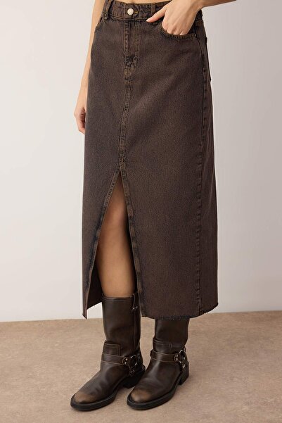 Trendyol Collection More Sustainable Brown Slit Maxi Denim Skirt Twoss23Et00290