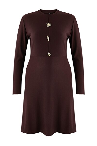 Trendyol Curve Brown Accessory Buttoned A-Line Ribbed Knit Knitted Plus Size Dress Tbbaw26Ah00088