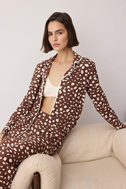 Trendyol Collection Καφέ 100% βαμβακερό πλεκτό σετ πιτζάμες Animal Single Jersey THMAW21PT0489