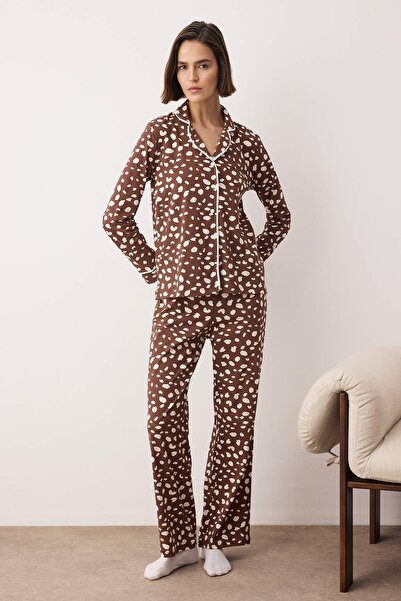 Trendyol Collection Καφέ 100% βαμβακερό πλεκτό σετ πιτζάμες Animal Single Jersey THMAW21PT0489