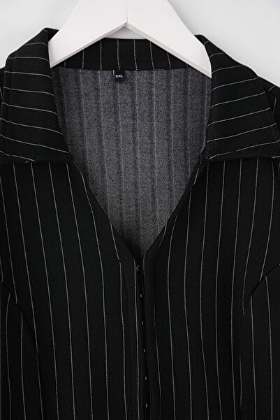 Trendyol Curve Black Polo Neck Button Detail Waist Fitted Striped Interlock Knitted Plus Size Blouse Tbbaw26Af00095