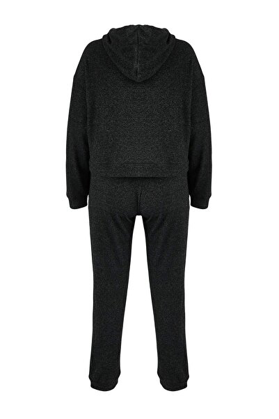 Trendyol Curve Панталони с качулка от мека антрацитна материя с еластични крачоли, комплект спортен екип в големи размери TBBAW26TS00011