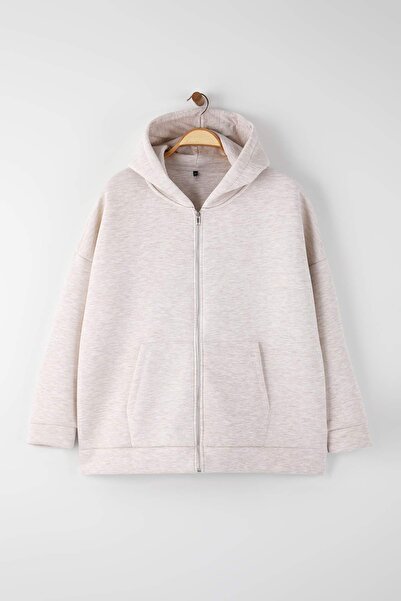 Trendyol Curve Elemente esențiale pentru garderoba Bej Melange cu glugă din material subțire Swea tricou TBBAW26AO00051