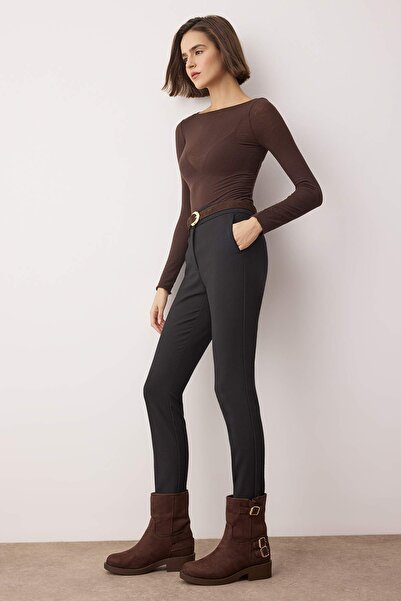 TRENDYOL SHOES Brown Suede Buckle Detail Block Heeled Women's Boots Takaw26Bo00113