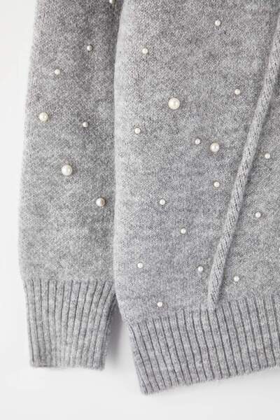 Trendyol Curve Gray Pearled Jacket Look Knitwear Cardigan Tbbaw26Av00026