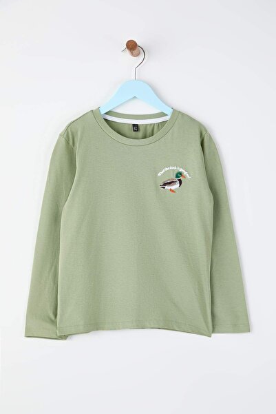 TRENDYOLKIDS Πλεκτό μπλουζάκι με ζωικό σχέδιο Indigo-Ekru-Mint TKDAW26TS00009