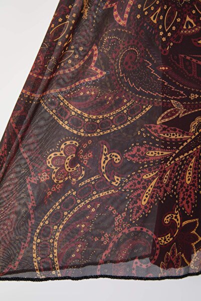 Trendyol Curve Ok Colorful Maxi Shirring/Drape Detail Boho/Boho Chic Printed Tulle Stretchy Knitted Skirt Tbbaw26Az00059