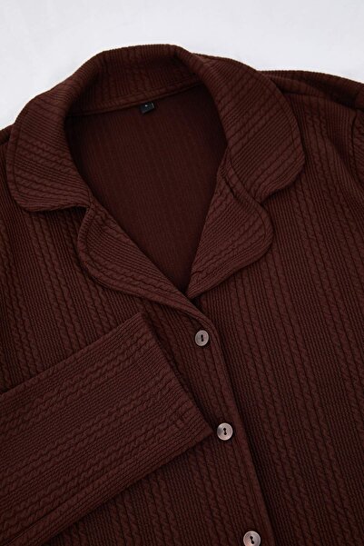 Trendyol Collection Καφέ ίσιο σετ πιτζάμες πλέξη ριμπ πλεκτό THMAW25PT00206