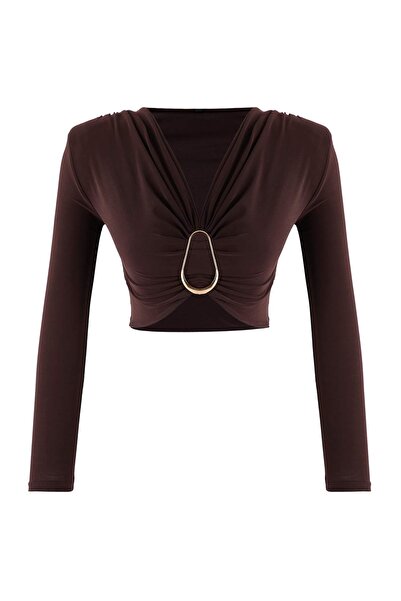 Trendyol Collection Brown Buckle Detailed V-Neck Long Knitted Sandy Party Blouse Tpraw26Bz00063