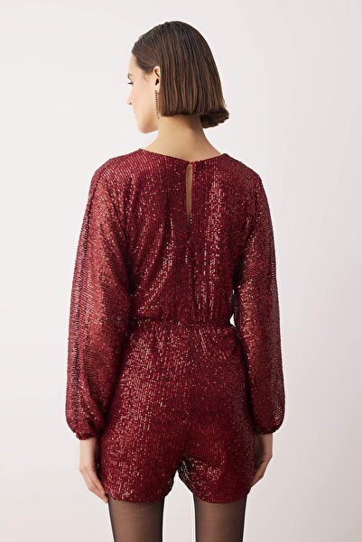 Trendyol Collection Burgundy Plain Double-Breasted Long Shimmering Knitted Sequin Stylish/Evening Jumpsuit Tprss25Tu00001