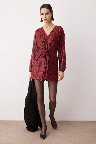 Trendyol Collection Burgundy Plain Double-Breasted Long Shimmering Knitted Sequin Stylish/Evening Jumpsuit Tprss25Tu00001