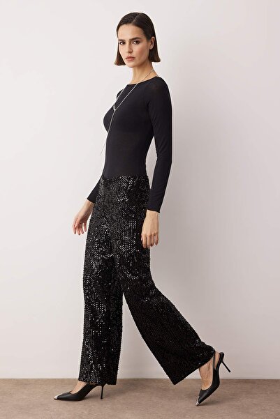Trendyol Collection Black Wide Leg /Wide Leg Knitted Sequin Stylish/Evening Pants Tpraw26Pl00005