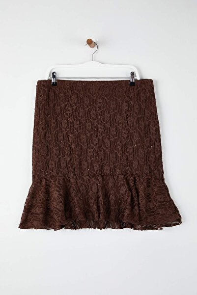 Trendyol Curve Σκούρο καφέ φούστα με βολάν πλεκτή δαντέλα Φούστα μεγάλου μεγέθους TBBAW26AZ00047