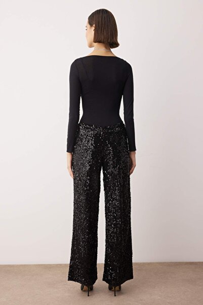Trendyol Collection Black Wide Leg /Wide Leg Knitted Sequin Stylish/Evening Pants Tpraw26Pl00005