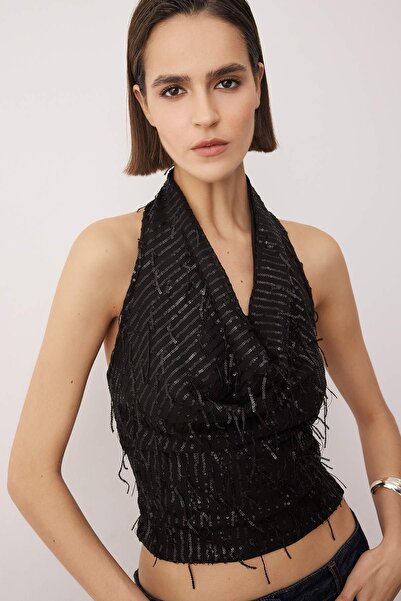 Trendyol Collection Black Degaje Collar Fringed Sequin Party Blouse Tpraw26Bz00064