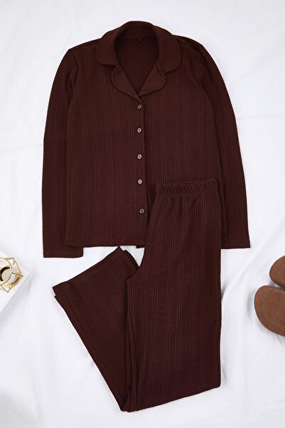 Trendyol Collection Καφέ ίσιο σετ πιτζάμες πλέξη ριμπ πλεκτό THMAW25PT00206