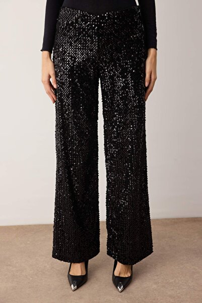 Trendyol Collection Black Wide Leg /Wide Leg Knitted Sequin Stylish/Evening Pants Tpraw26Pl00005