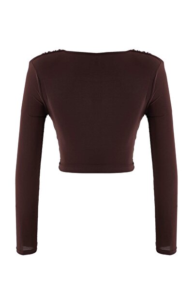 Trendyol Collection Brown Buckle Detailed V-Neck Long Knitted Sandy Party Blouse Tpraw26Bz00063