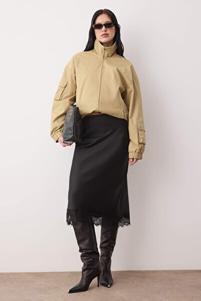 Trendyol Collection Black Lace Paneled Midi Length Satin Skirt Twoaw26Et00169