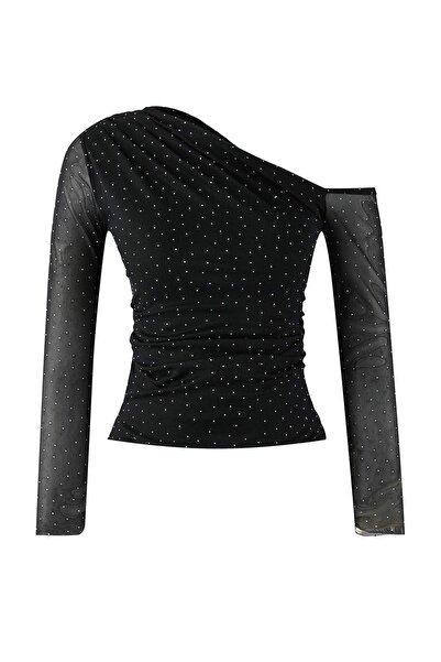 Trendyol Collection Bluză de petrecere cu guler asimetric cu imprimeu Black Shimmer Stone din material subțire TPRAW26BZ00061
