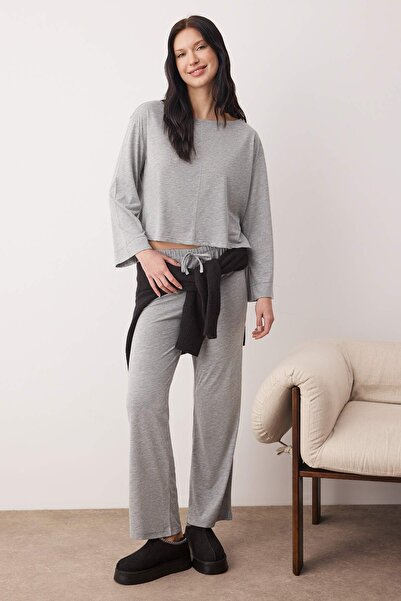 Trendyol Collection Gray Melange Cotton Knitted Pajama Set Thmaw26Pt00227