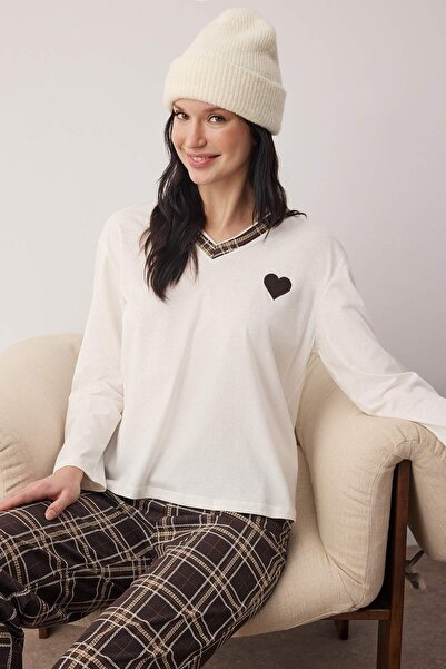 Trendyol Collection Кафяв комплект пижама от 100% памук с карета и сърца THMAW26PT00063