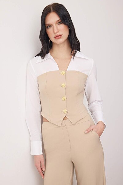 Trendyol Collection Beige Shirt Detailed Buttoned Woven Bottom - Top Set Twoaw26Au00144