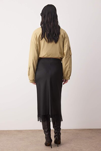 Trendyol Collection Black Lace Paneled Midi Length Satin Skirt Twoaw26Et00169