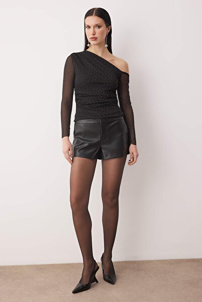 Trendyol Collection Black Glitter Stone Printed Asymmetric Collar Knitted Party Blouse Tpraw26Bz00061