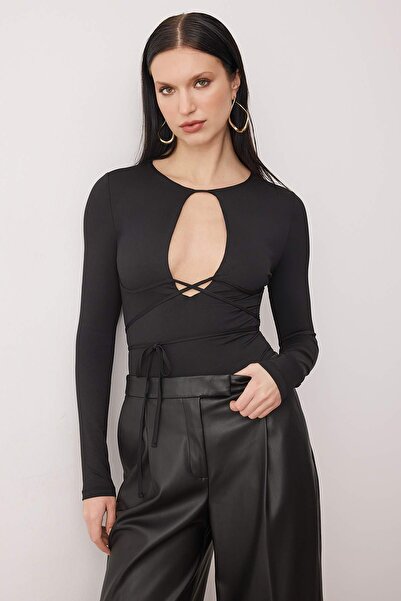 Trendyol Collection Black Deep V Neck Tie-Up Knitted Party Body Tpraw26Bd00028
