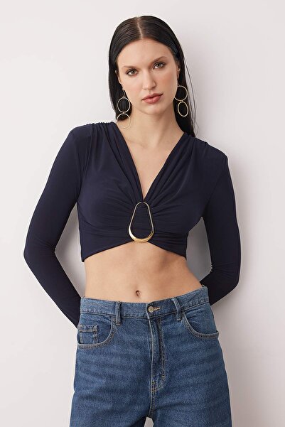 Trendyol Collection Navy Blue Buckle Detailed V-Neck Long Knitted Sandy Party New Year Blouse Tpraw26Bz00063