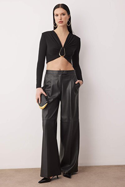 Trendyol Collection Black Buckle Detailed V-Neck Long Knitted Sandy Party Blouse Tpraw26Bz00063