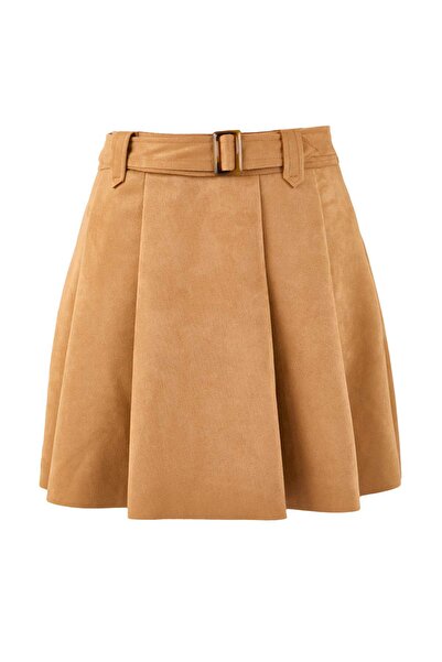 Trendyol Collection Camel Suede Belt Detailed Pleated Knitted Shorts Skirt Twoaw26Et00170