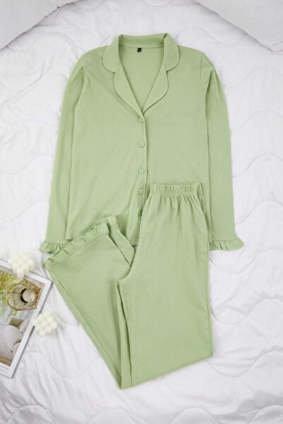 Trendyol Collection Mint Polyester Blended Plain 30/1 Openend Knitted Pajama Set Thmaw24Pt00007