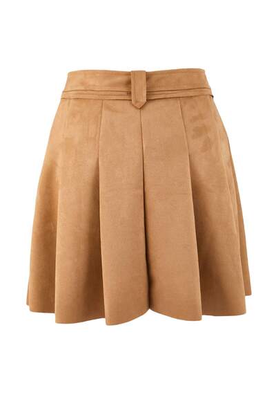 Trendyol Collection Camel Suede Belt Detailed Pleated Knitted Shorts Skirt Twoaw26Et00170