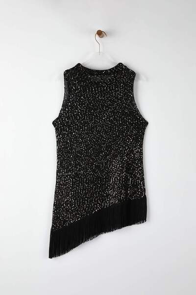 Trendyol Collection Black Sequin Tassel Detailed Knitwear Slim Blouse Twoaw26Bz00359