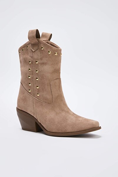 TRENDYOL SHOES Mink Suede Trok Detailed Pointed Toe Block Heeled Women's Boots Takaw26Bo00073