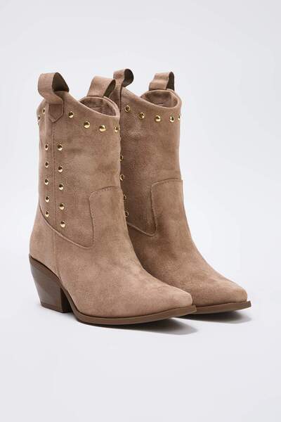 TRENDYOL SHOES Mink Suede Trok Detailed Pointed Toe Block Heeled Women's Boots Takaw26Bo00073