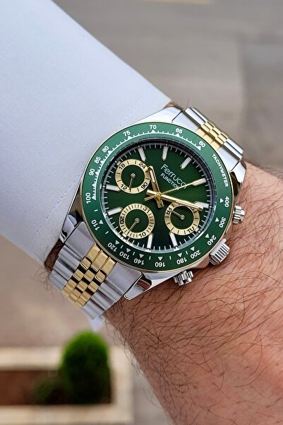Ferrucci Kadranı Yeşil Kordonu Sarı Silver Renk 24 Ay Garantili 42 mm Gösterg...