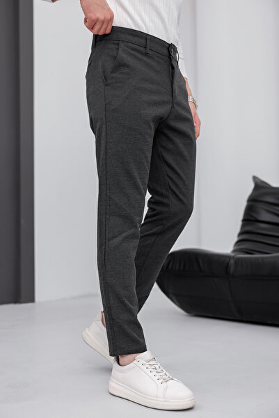 MODAMESTO Ανδρικό παντελόνι εφαρμοστό ανθρακί ελαστικό ύφασμα λινό