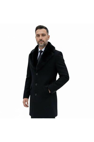 Plus Scorpion Ανδρικό μακρύ παλτό – αποσπώμενο γούνινο γιακά, με επένδυση και τσέπες εφαρμοστό Παλτό (Μπεζ,