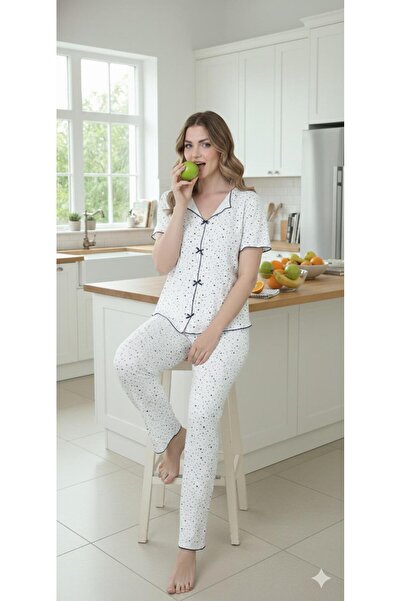 Sude HOMEWEAR ΓΥΝΑΙΚΕΙΟ ΠΛΕΚΤΟ ΥΦΑΣΜΑ ΣΕΤ ΠΙΤΖΑΜΑ ΣΕΤ ΣΚΟΥΡΟ ΜΠΛΕ ΑΣΤΕΡΙ ΣΧΕΔΙΟ ΚΟΝΤΟ ΜΑΝΙΚΙ