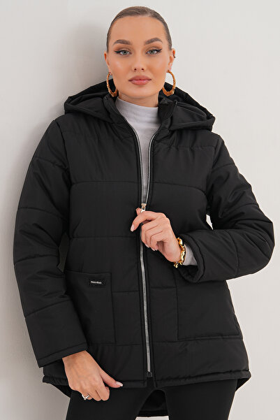 MAG FASHİON Black Hooded Women's Coat with Special Design Pattern, Water and ...