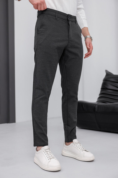 MODAMESTO Ανδρικό παντελόνι εφαρμοστό ανθρακί ελαστικό ύφασμα λινό