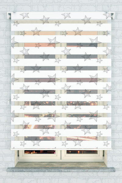 Genel Markalar Genç Odası - Gri Yıldızlar Baskılı Zebra Perde