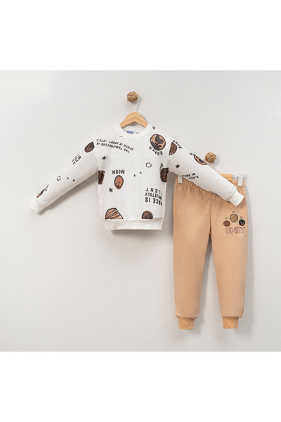 friend kids طقم مزدوج موسمي بطبعة كوكب Frnd34 - بيج - 7 سنوات